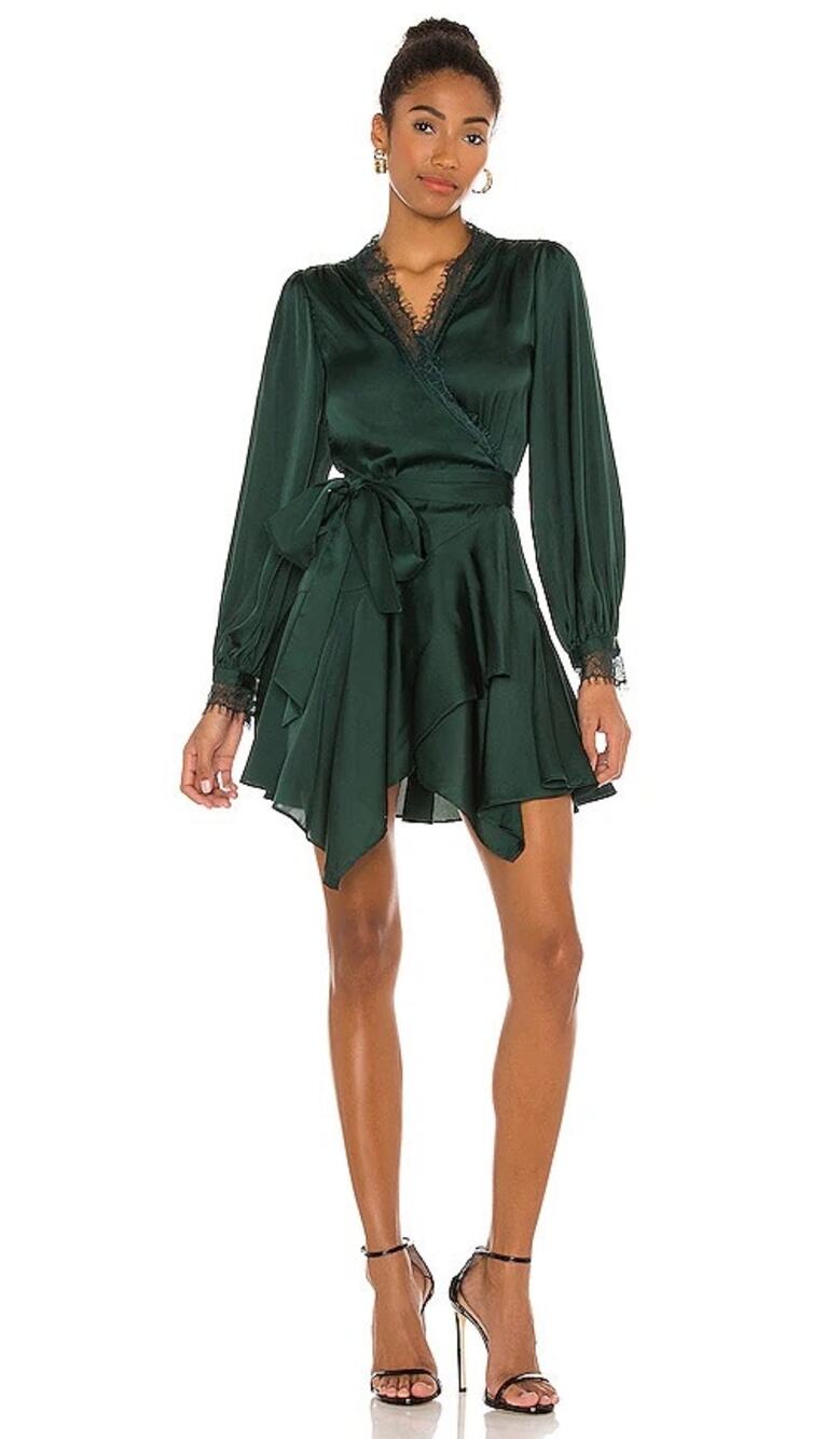 Lovers + Friends Nadeen Wrap Mini Dress Emerald Green Lace Trim XS